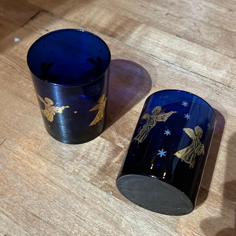 Vintage Culver Angel Tumbler Glasses Cobalt Blue Cocktail Christmas